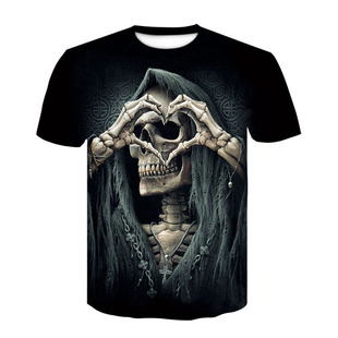 哥特风骷髅头3D印花短袖假两件摇滚风潮流上衣Men's short sleeve