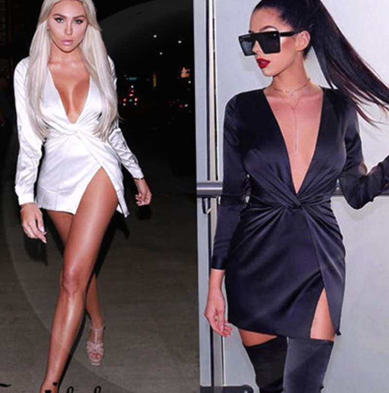 Deep V ruffled split sexy long sleeve dress