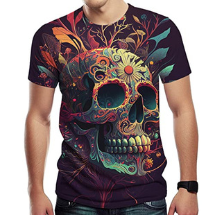 3D立体骷髅头印花短袖T恤男士个性潮流圆领衣 Men's short sleeve