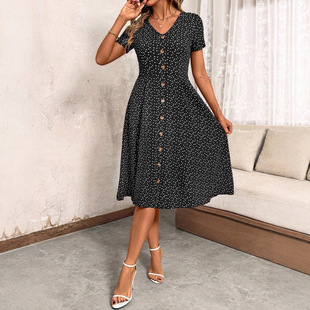 夏季新款时尚波点连衣裙V字领排扣短袖碎花连衣裙女Women's dress