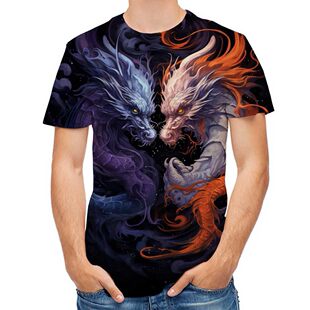 3D数码印花短袖T恤个性霸气龙纹立体圆领上衣 Men's short sleeve
