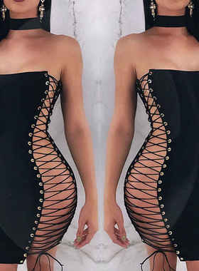 性感双面系带裹胸修身连衣裙Sexy chest hugging slim fit dress