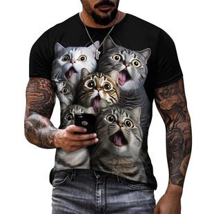 3D印花短袖男圆领套头猫咪上衣Men's casual short sleeved shirt