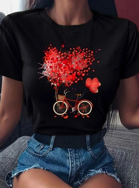 Women T Shirt 夏季新款时尚红色爱心自行车印花显瘦女士黑色T恤