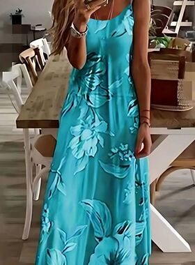 低胸印花花朵吊带连衣裙Low cut printed floral suspender dress