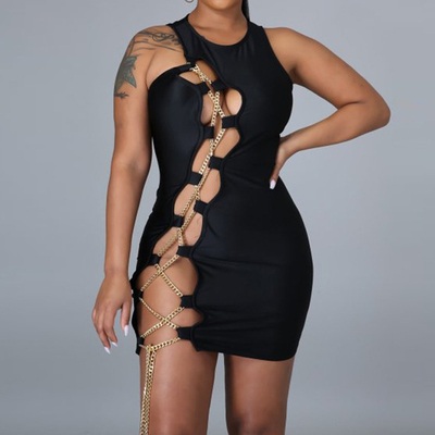 无袖金色链条捆绑性感连衣裙