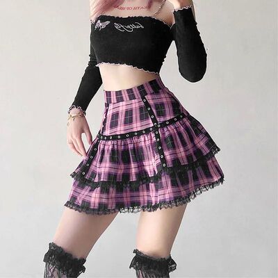 欧美风格纹交叉绑带百褶短裙女