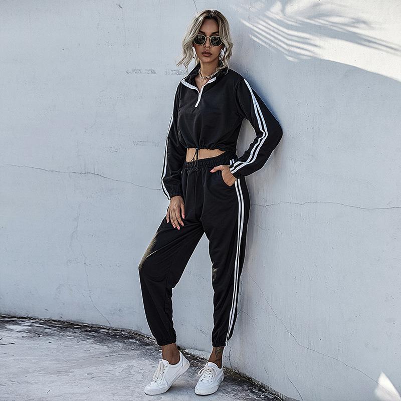 Short striped stitching sports sweatshirt suit womenfall2021