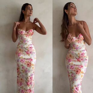 strapless 印花修身 backless bodycon dress 吊带连衣裙女Printed