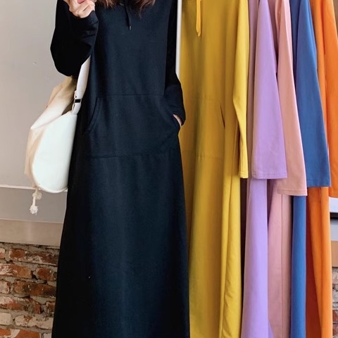 Solid color pullover hoodie long skirt纯色套头连帽卫衣长裙女