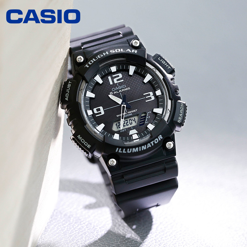 卡西欧手表男女情侣学生防水夜光双显太阳能光能石英男表aq-s810