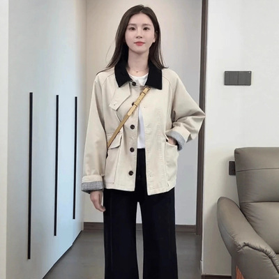 撞色翻领风衣外套女短款2025秋季新款小个子时尚休闲宽松夹克上衣