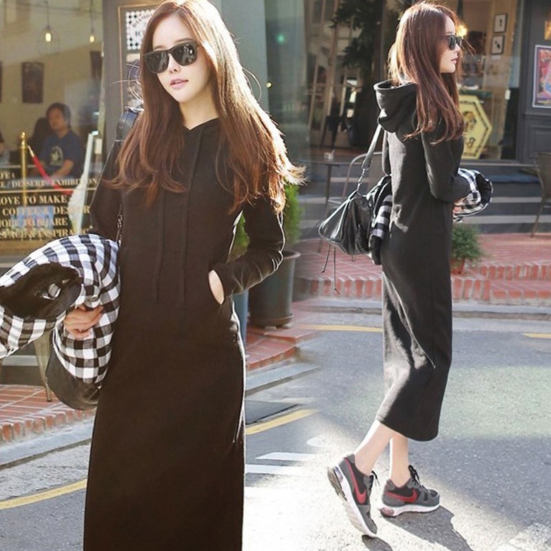 秋冬韩版长款显瘦加厚外套学生连帽卫衣套头女连衣裙保暖显瘦