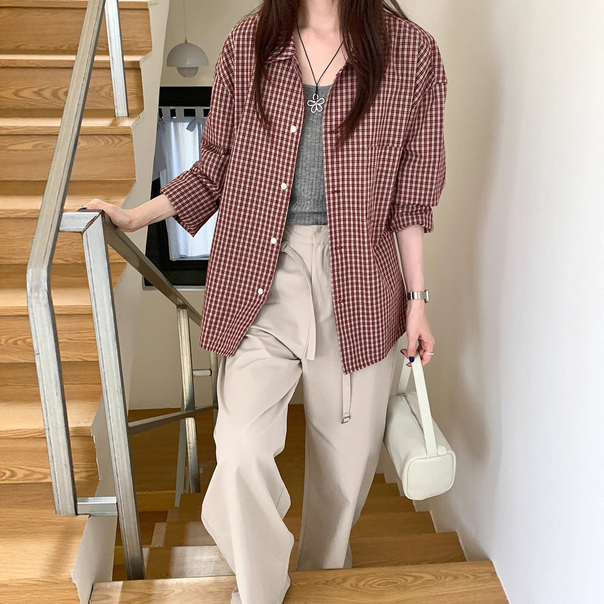miu系红色格子衬衫女秋季薇颂女装2025新款韩版宽松长袖衬衣上衣