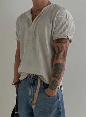 亨利领华夫格短袖健身显肌肉T恤POLO衫针织速干条纹宽松cleanfit