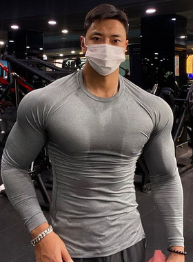健身长袖肌肉男紧身衣服兄弟T恤速干高弹力运动上衣压缩训练纯色