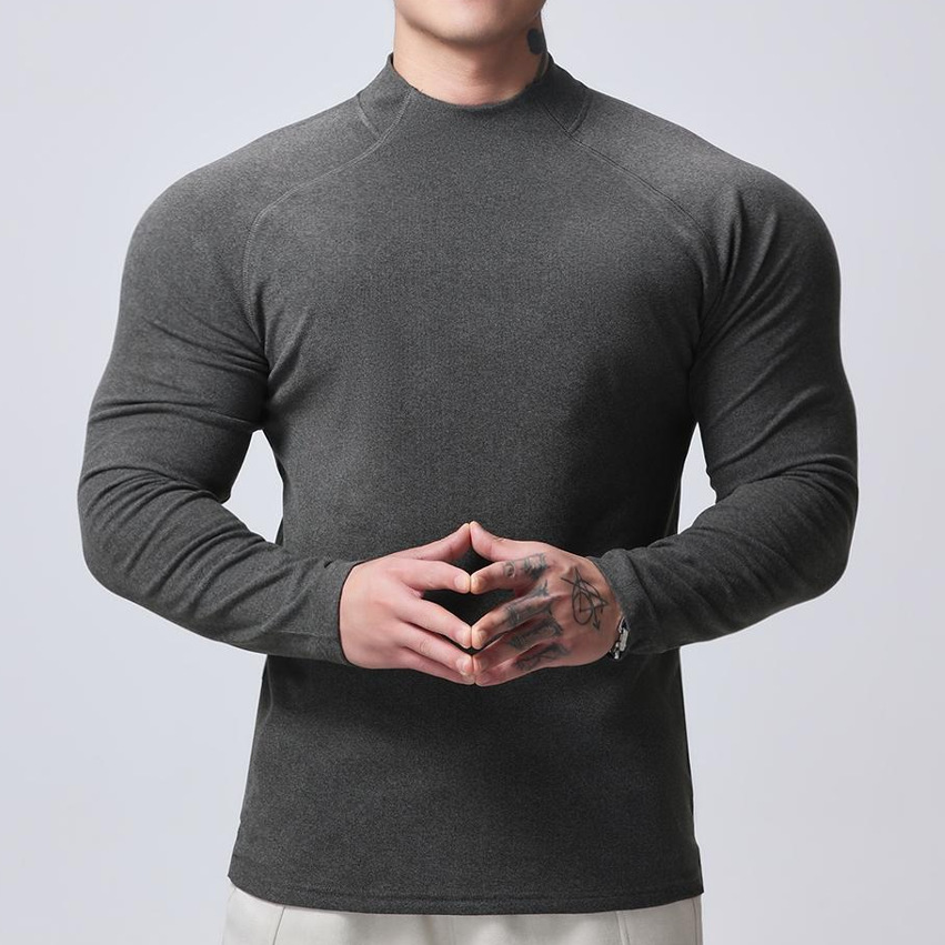 双面德绒保暖修身半高领抓绒衣健身高弹打底长T紧身衣毛衫肌肉男