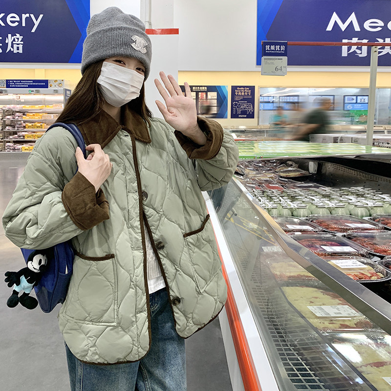绿色菱格翻领羽绒棉服女2024冬季新款韩系撞色休闲小个子保暖外套,女装棉衣/棉服,浙宝136