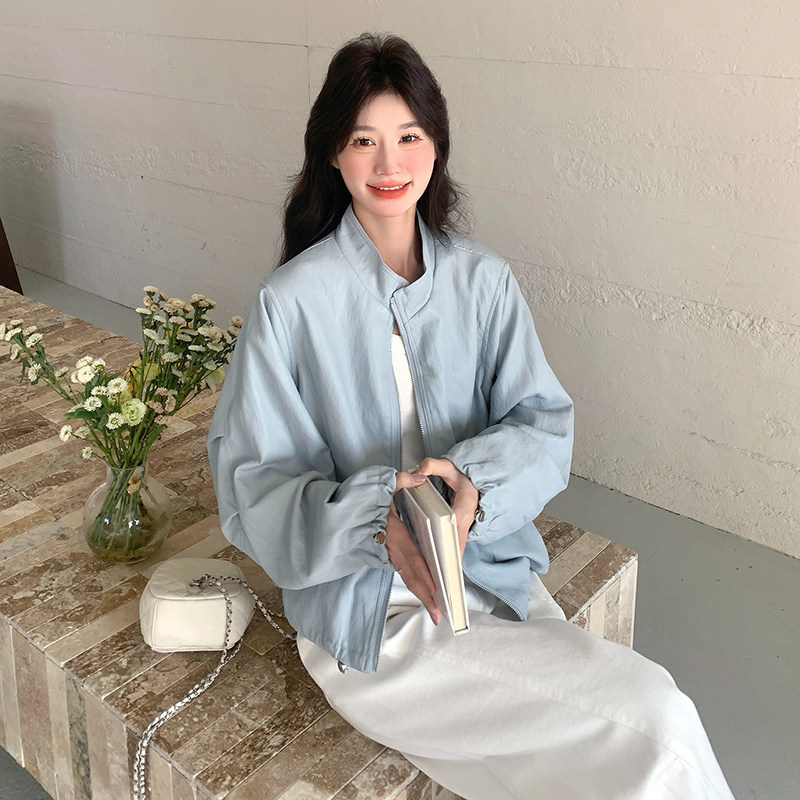浅蓝色高级感皮衣外套女2025春季新款今年流行宽松休闲百搭夹克潮,女装短外套,浙宝136