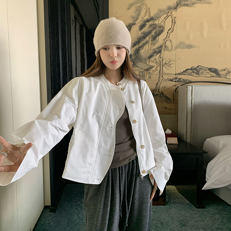 高级感炸街白色立领工装外套女2025春秋新款韩版宽松休闲夹克上衣,女装短外套,浙宝136