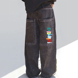 设计感嘻哈牛仔裤 字母印花直筒男长裤 新款 子个性 宽松裤 欧美风男士