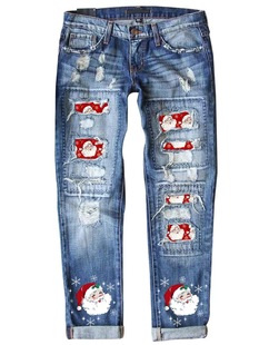 水洗牛仔裤 跨境欧美女装 时尚 圣诞老人破洞补丁直筒裤 女圣诞节 新款