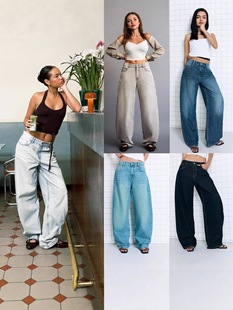 牛仔裤 欧美女装 女式 女宽松复古水洗弯刀牛仔裤 跨境高腰阔腿牛仔裤