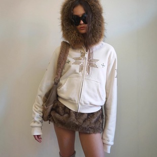 欧美风y2k辣妹风毛领烫钻复古女士拉链连帽外套收腰百搭连帽卫衣