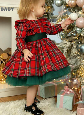 欧美街头圣诞节新款女童连衣裙长袖格子大蝴蝶结童裙网纱公主裙