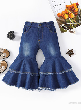 跨境童装春秋款欧美洋气儿童双层毛边牛仔裤女童百搭牛仔喇叭裤