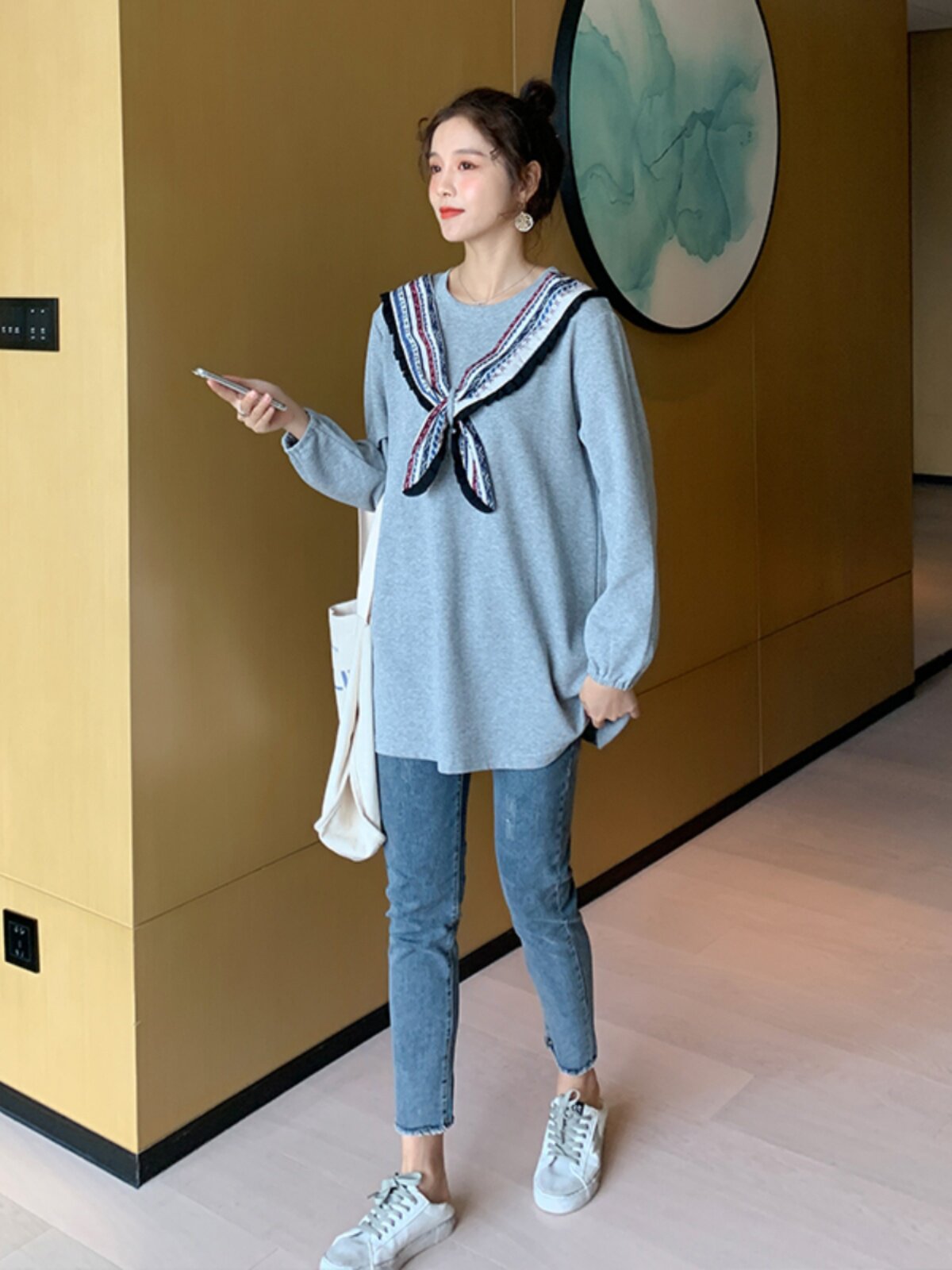 임산부상의 짧은 가을옷 임신 초기 및 후기 네이비 칼라 한국식 긴팔 가을 루즈한 임산부 스웨트셔츠