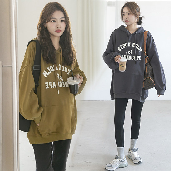 임산부 가을 겨울 스웨트셔츠에 벨벳과 두꺼워지고 패셔너블하고 루즈한 대형 순면 후드 엉덩이 덮는 엄마용 겨울 상의