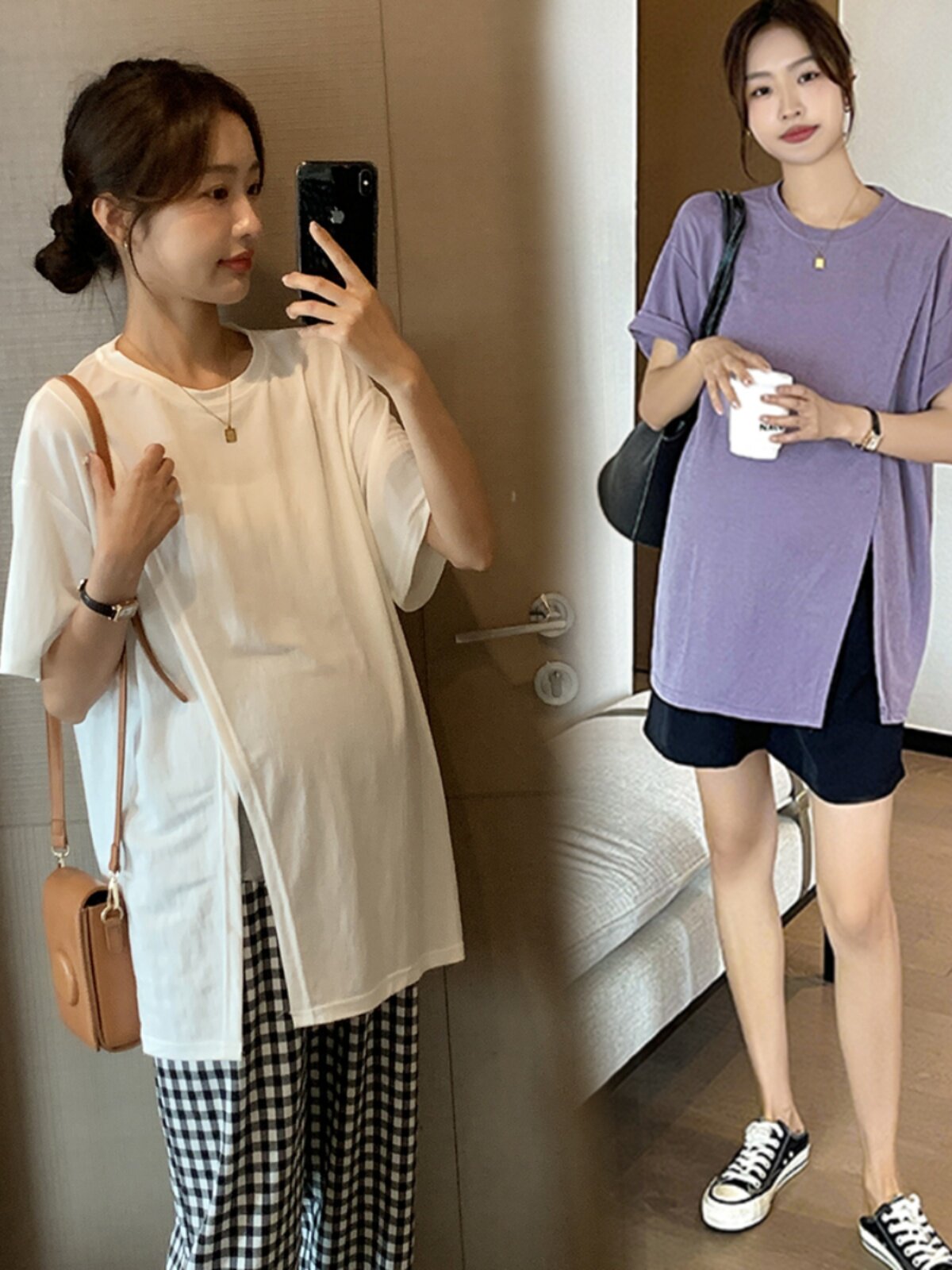 임산부 상의 여름 짧은 큐프로 실크 여름 시원한 슬릿 탑 + 가볍고 구김없는 체크 팬츠 정장