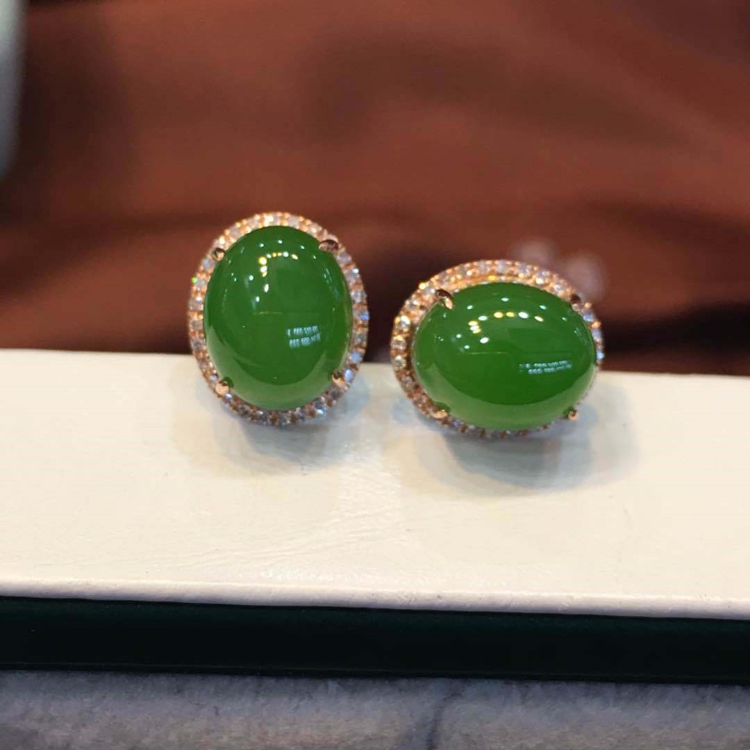 和田碧玉耳钉镶钻和田玉古法金镶玉耳饰苹果绿满钻旦形耳环