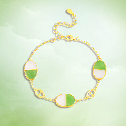 天然老料和田玉S925银镶玉手链