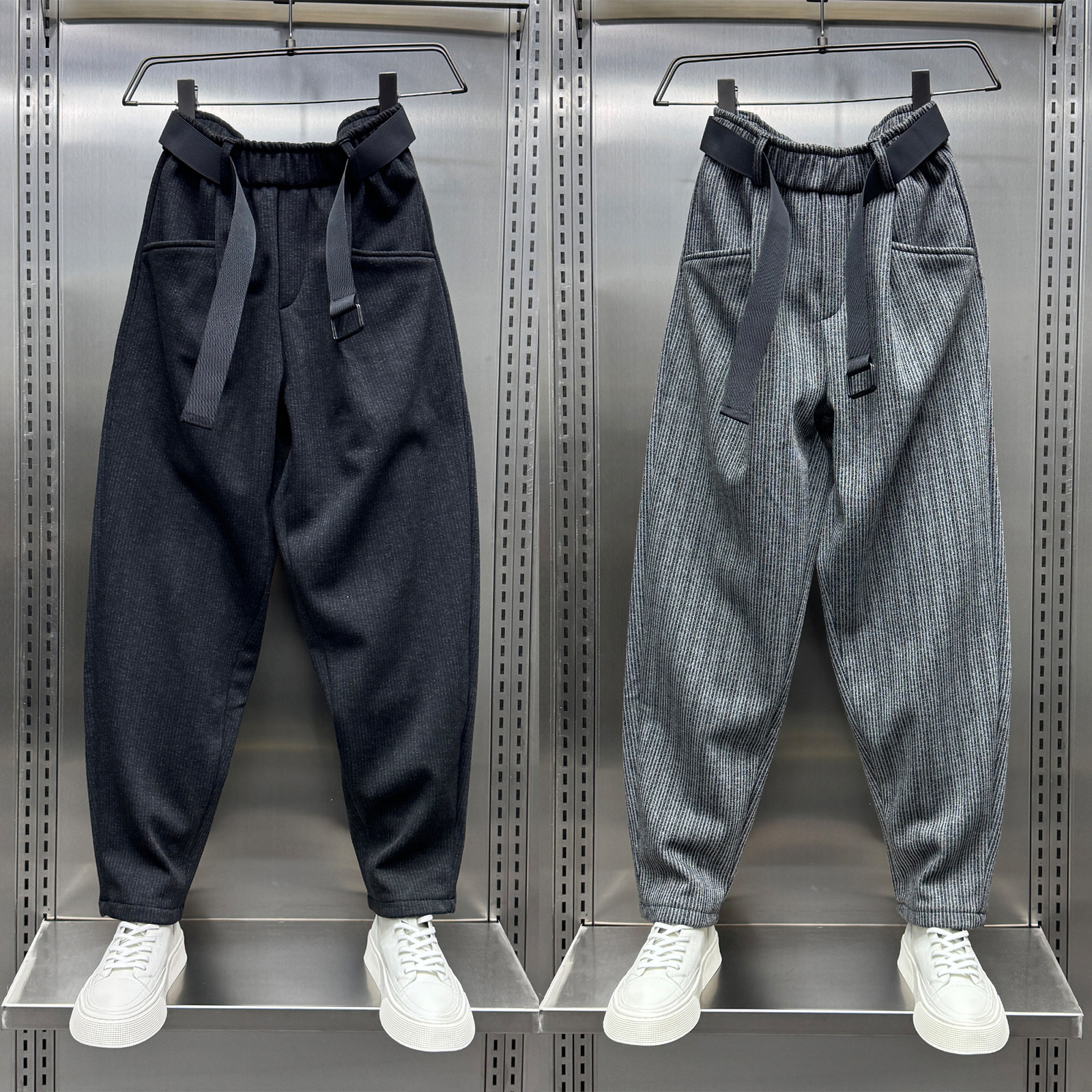 网红毛呢条纹休闲裤男2024秋冬加绒宽松萝卜工装裤潮流百搭哈伦裤,男装,休闲裤,淘宝优惠券,粉丝福利购,淘宝优惠卷