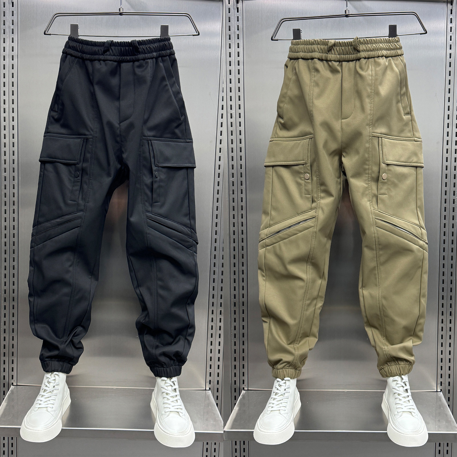 2024秋冬加绒拼接口袋束脚休闲裤男士美式高街宽松痞帅工装运动裤,男装,休闲裤,淘宝优惠券,粉丝福利购,淘宝优惠卷