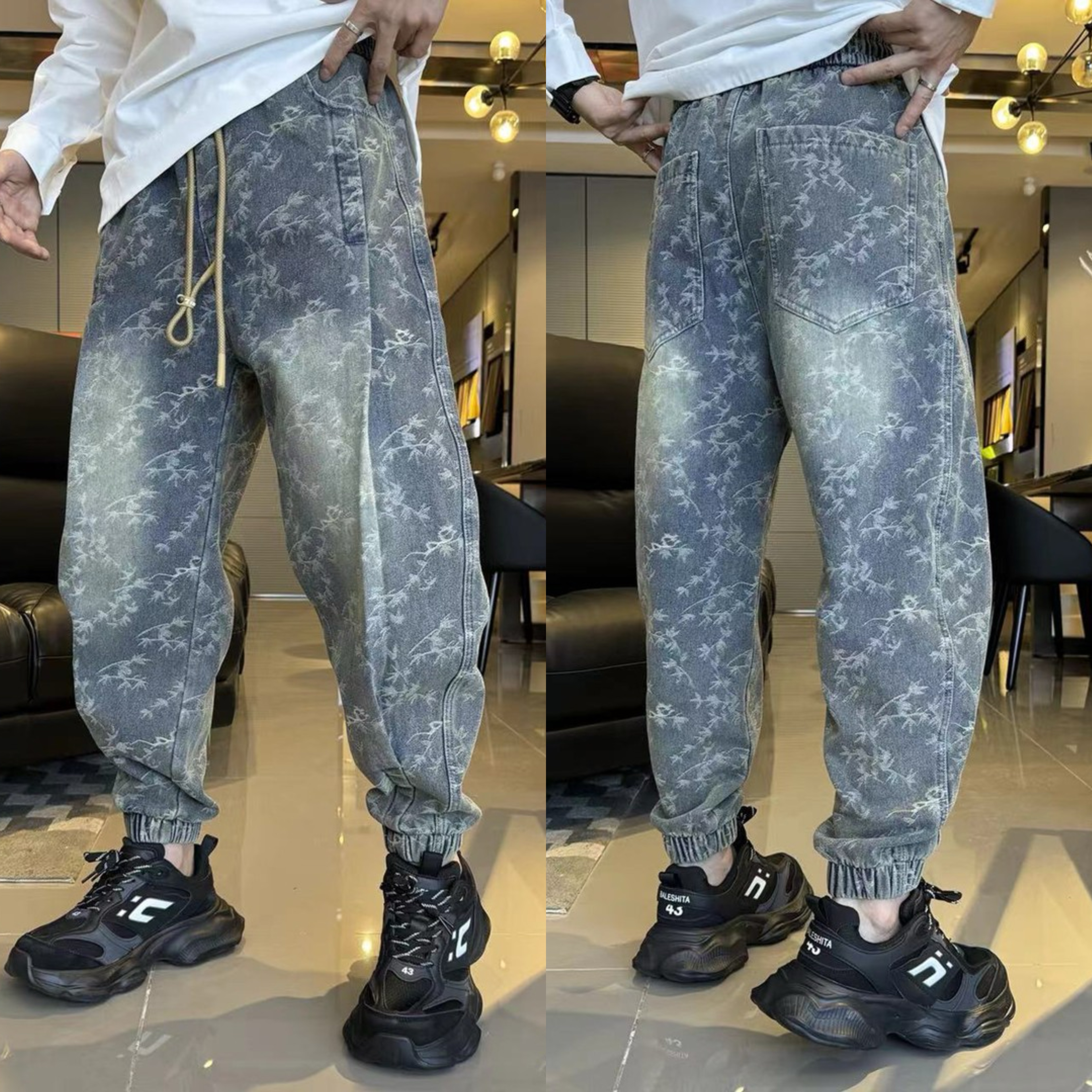 ZPK潮牌新款提花束脚牛仔裤