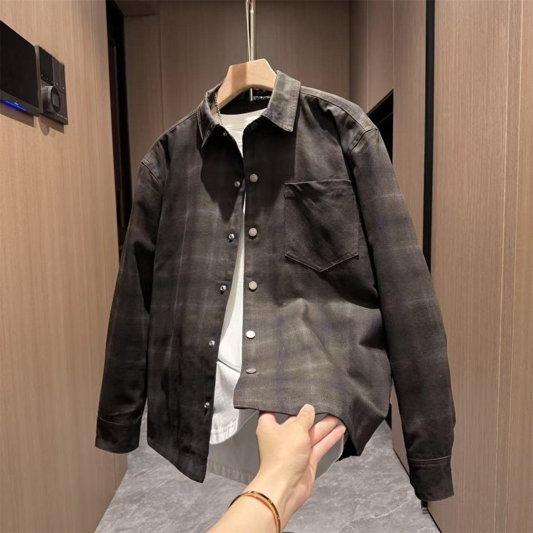 韩版宽松格子衬衫长袖外套男士2025秋冬新款美式复古百搭帅气上衣,男装,夹克,淘宝优惠券,粉丝福利购,淘宝优惠卷