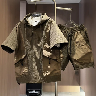 两件套 2025夏季 薄款 撞色拼接连帽休闲套装 男潮牌速干透气T恤短裤