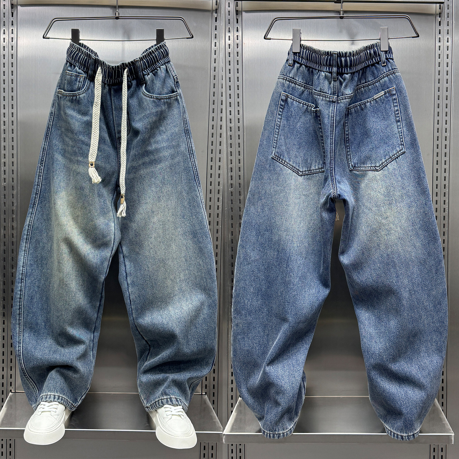 美式高街加绒牛仔裤男士2024秋冬痞帅休闲直筒裤松紧弯刀阔腿长裤,男装,牛仔裤,淘宝优惠券,粉丝福利购,淘宝优惠卷