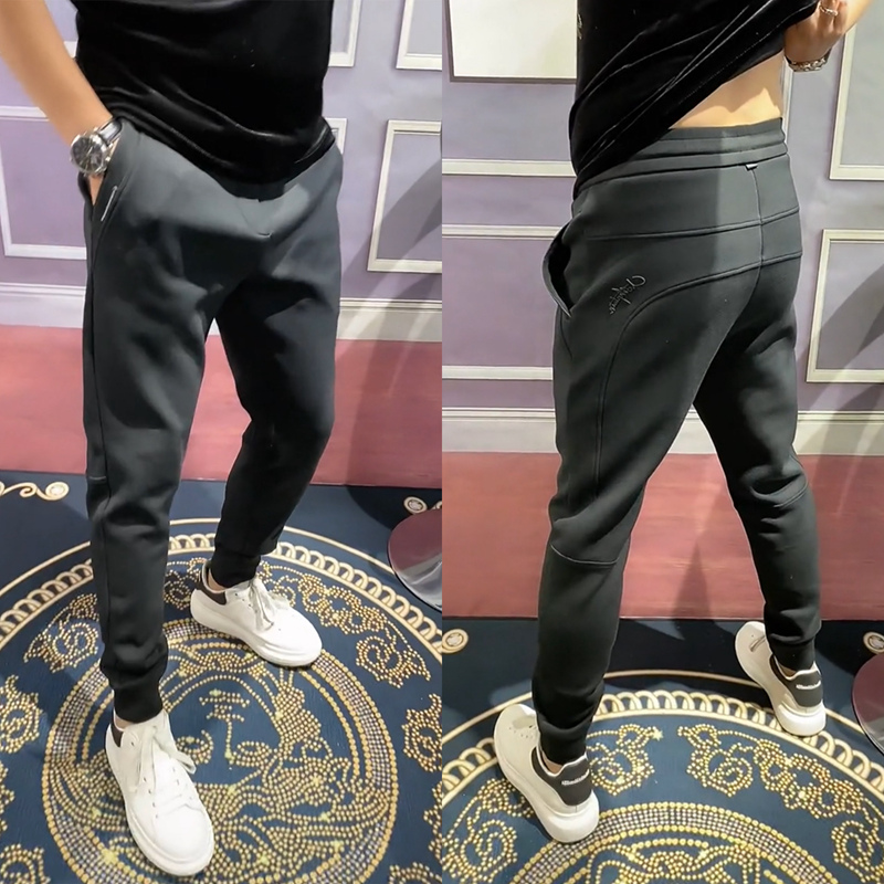 秋冬男修身小脚弹力休闲裤韩版潮流加绒加厚束脚裤网红黑色运动裤