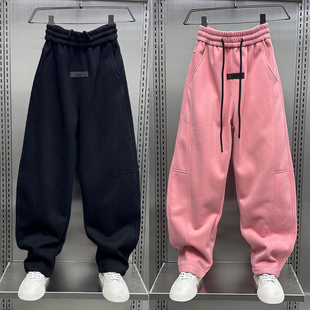 百搭长裤 男潮牌高端粉色加绒卫裤 休闲痞帅宽松阔腿弯刀运动裤 美式