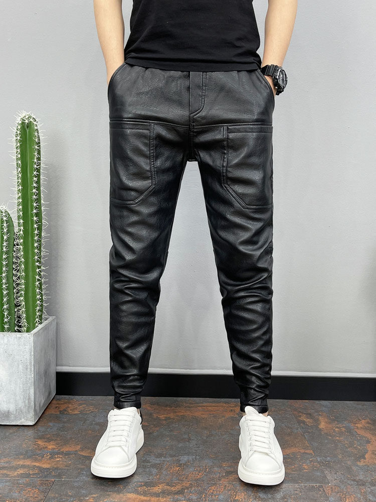 겨울 남성 벨벳 두꺼운 가죽 바지 오토바이 청소년 유행 브랜드 6 포켓 따뜻한 레깅스 테이크 아웃 방풍 및 방수 바지
