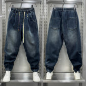 宽松小直脚哈伦裤 秋冬蓝色薄款 水洗复古牛仔裤 美式 国潮老爹萝卜裤