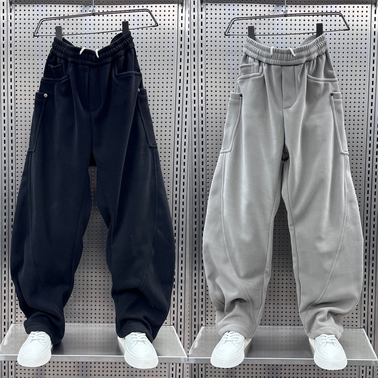 加厚纯色休闲阔腿裤男士2024秋冬加绒直筒弯刀裤痞帅大口袋运动裤,男装,休闲裤,淘宝优惠券,粉丝福利购,淘宝优惠卷