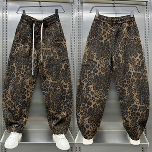 宽松百搭直筒哈伦裤 美式 2024秋冬阔腿长裤 男士 豹纹印花休闲弯刀裤
