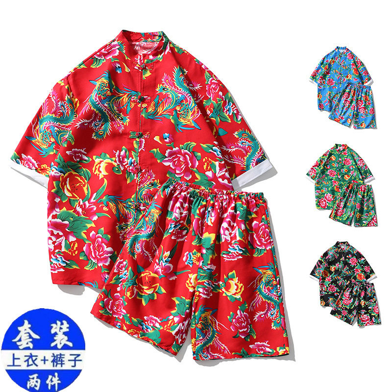 中国风男装东北大花短袖花衬衫民族风大码中式半袖青年唐装男上衣