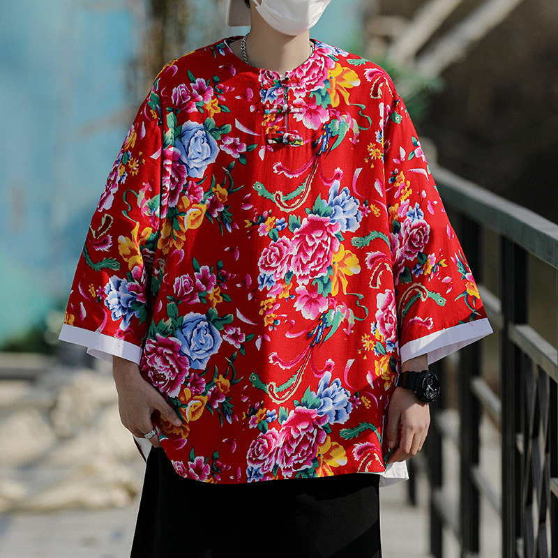 民族风东北大花布t恤短袖圆领潮流男装抖音快手热销半袖演出服夏