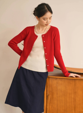 DFD珍珠少女 法式优雅纯羊毛红色假两件珍珠扣套头开衫针织毛衣